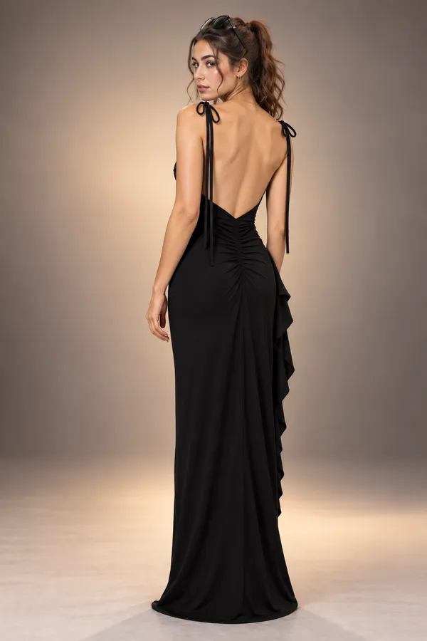 Ekeshwara_Cowl-Neck_Cascade_Thigh-Slit_Maxi_Dress_–_Midnight_Noir|_Model_Height_5.8inch_,_Fabric_All_Way_Stretchable