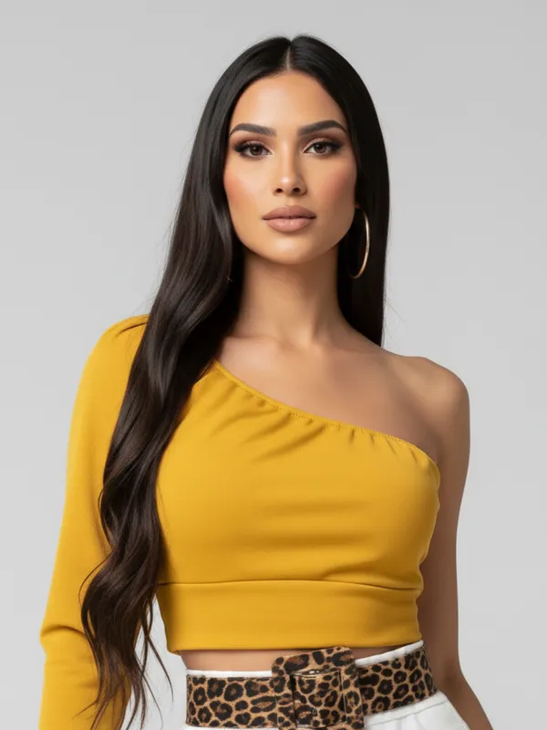 Mustard_Yellow_One_Shoulder_Long_Sleeve_Crop_Top_For_Women|_Model_Height_5.8inch_,_Fabric_All_Way_Stretchable