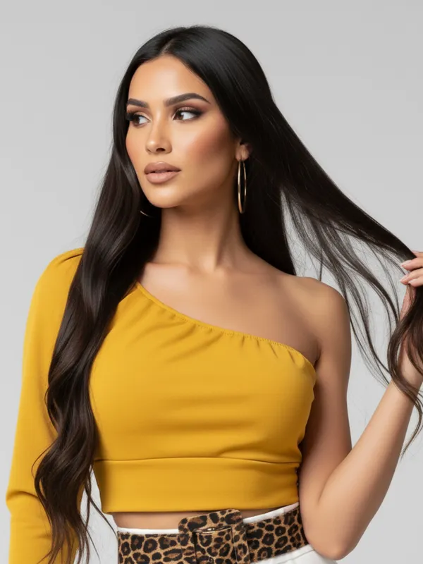 Mustard_Yellow_One_Shoulder_Long_Sleeve_Crop_Top_For_Women|_Model_Height_5.8inch_,_Fabric_All_Way_Stretchable