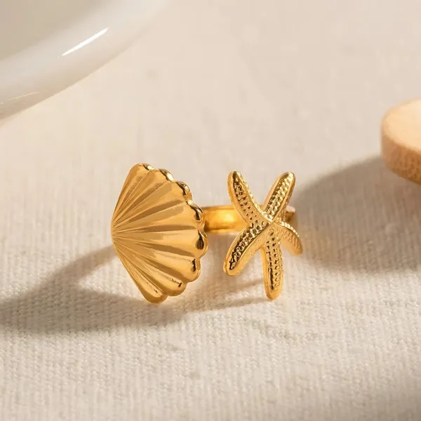 Gold_Sea_Shell_&_Starfish_Anti-Tarnish_Stainless_Steel_Adjustable_Ring