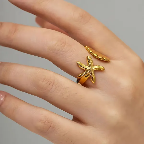 Gold_Sea_Shell_&_Starfish_Anti-Tarnish_Stainless_Steel_Adjustable_Ring