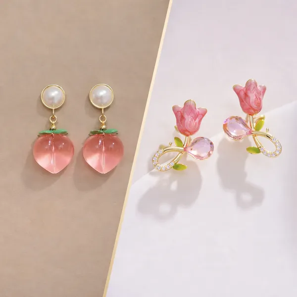 Cute_Pink_Tulip_Crystal_Stud_&_Quirky_Peach_Drop_Earrings_Combo