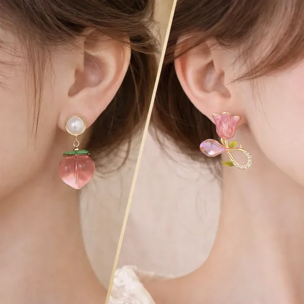 Cute_Pink_Tulip_Crystal_Stud_&_Quirky_Peach_Drop_Earrings_Combo
