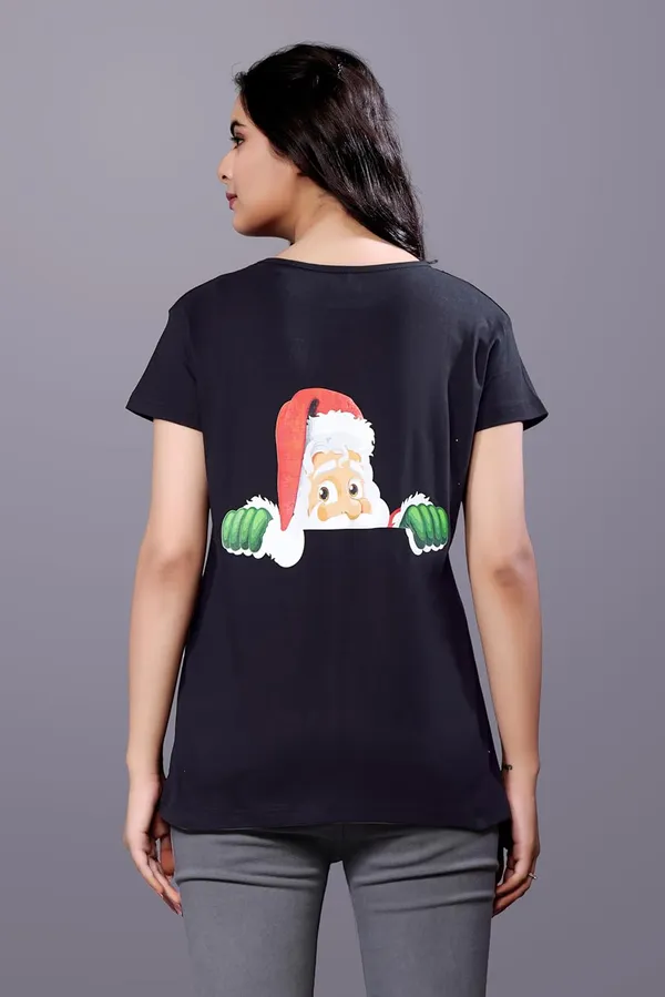 Black_Cotton_Top_With_Santa_Face_Back_Print_Festive_And_Stylish_Design_Regular_Fit_T-Shirt_For_Women