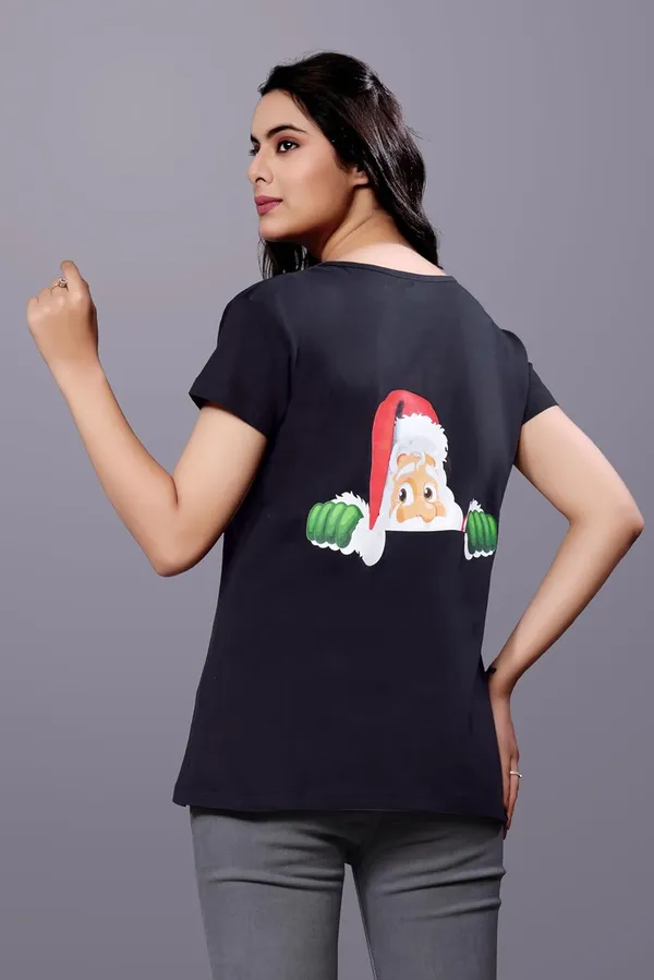 Black_Cotton_Top_With_Santa_Face_Back_Print_Festive_And_Stylish_Design_Regular_Fit_T-Shirt_For_Women