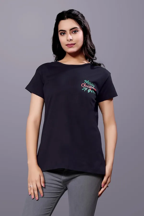 Black_Cotton_Top_With_Santa_Face_Back_Print_Festive_And_Stylish_Design_Regular_Fit_T-Shirt_For_Women