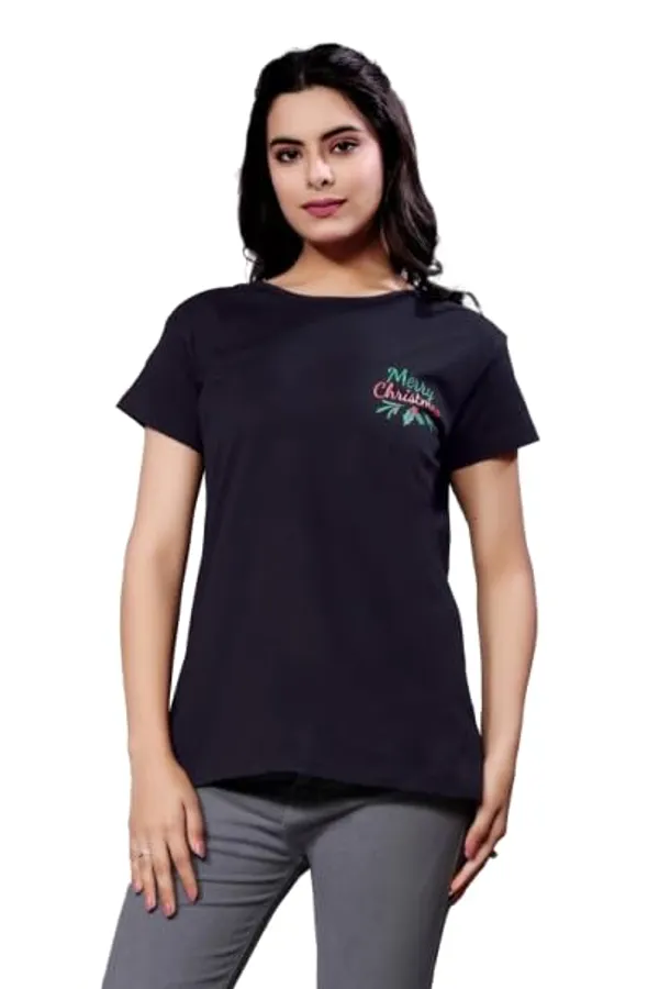 Black_Cotton_Top_With_Santa_Face_Back_Print_Festive_And_Stylish_Design_Regular_Fit_T-Shirt_For_Women