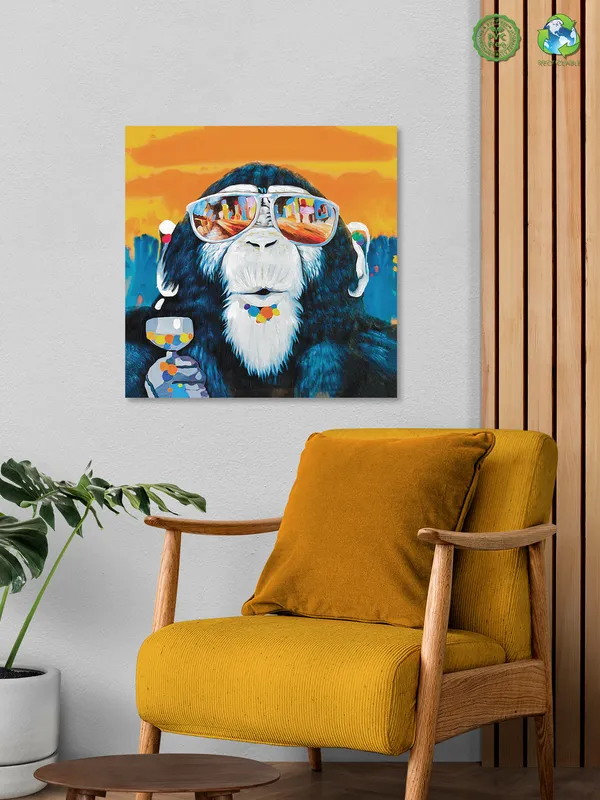 Premium_Canvas_Print_Of_Quirky_Chimpanze_Art_-_24InchX24Inch_Stretched_And_Framed_In_Teakwood_With_Back_Support