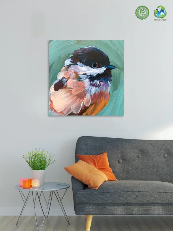 Premium_Canvas_Print_Of_Black-Capped_Chickadee_Art_-_24InchX24Inch_Stretched_And_Framed_In_Teakwood_With_Back_Support