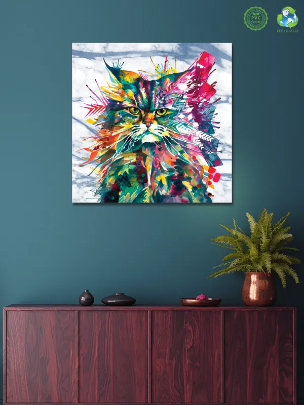 Premium_Canvas_Print_Of_Abstract_Colorful_Cat_Art_-_24InchX24Inch_Stretched_And_Framed_In_Teakwood_With_Back_Support