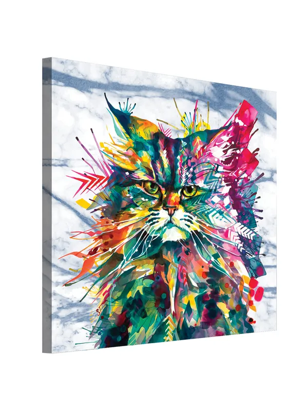Premium_Canvas_Print_Of_Abstract_Colorful_Cat_Art_-_24InchX24Inch_Stretched_And_Framed_In_Teakwood_With_Back_Support