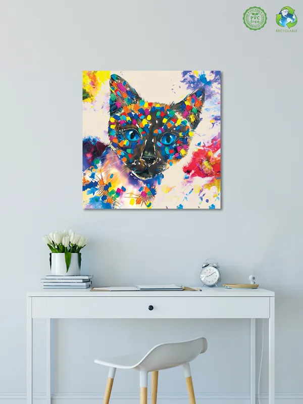 Premium_Canvas_Print_Of_Abstract_Colorful_Cat-A_Art_-_24InchX24Inch_Stretched_And_Framed_In_Teakwood_With_Back_Support