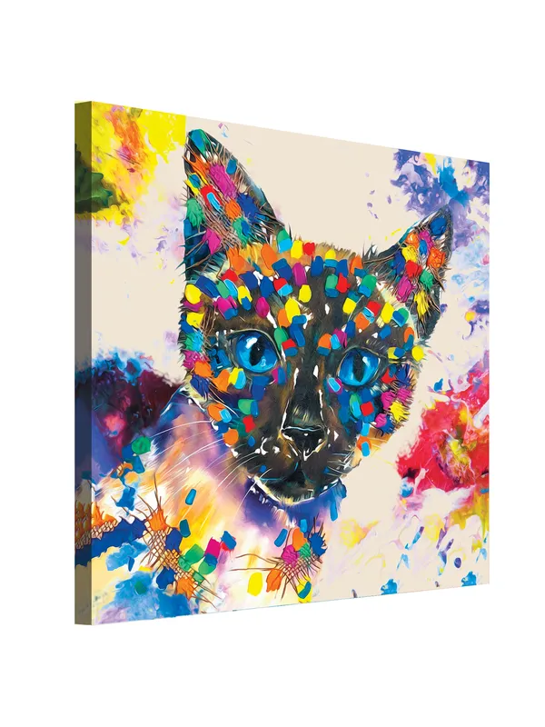 Premium_Canvas_Print_Of_Abstract_Colorful_Cat-A_Art_-_24InchX24Inch_Stretched_And_Framed_In_Teakwood_With_Back_Support