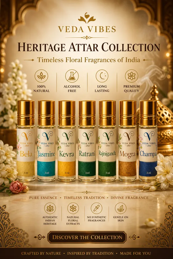 Heritage_Attar_Collection_Set_of_7,Timeless_Natural_Attars_Inspired_by_Traditional_Indian_Fragrance_Heritage_3ML_Rajnigandha_Jasmine_Bela_Ratrani_Kevra_Mogra_Champa