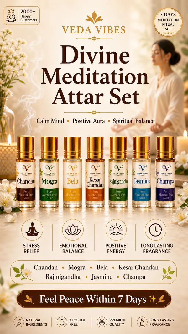 BEST_SELLER_Veda_Vibes_Divine_Meditation_Set_of_7,_Sacred_Aromas_for_Meditation,_Calmness_&_Spiritual_Balance_3ML_Chandan__Kesar_Chandan_Mogra_Bela_Rajnigandha_Jasmine_Champa