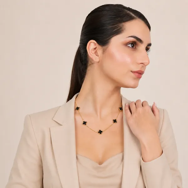 Black_Alloy_Clover_Charm_Gold_Tone_Chain_Necklace_For_Women