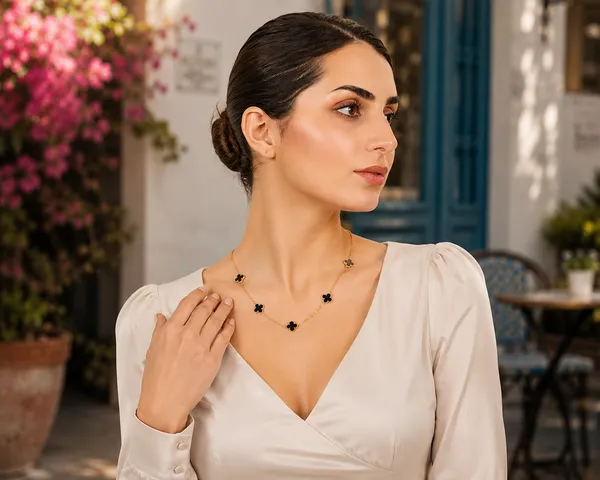 Black_Alloy_Clover_Charm_Gold_Tone_Chain_Necklace_For_Women