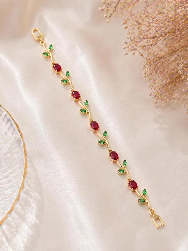 Elegant_Gold_Tulip_Flower_Bracelet_–_Ruby_Red_&_Green_Edition