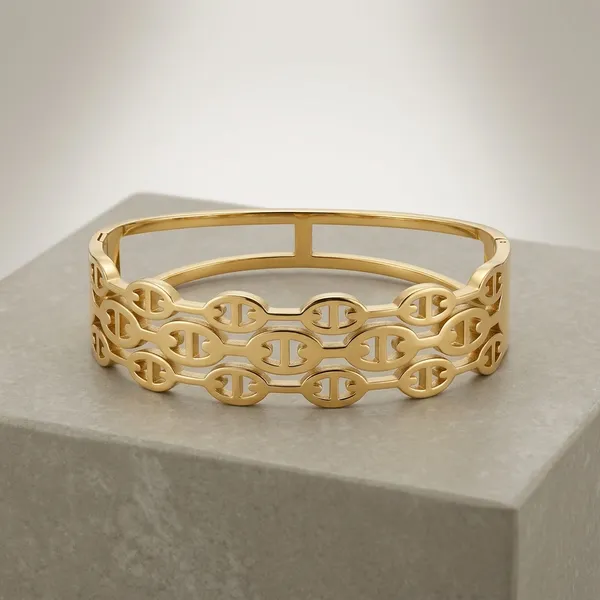 Gold_Alloy_Double_Row_Interlocking_Link_Bangle_Bracelet_For_Women