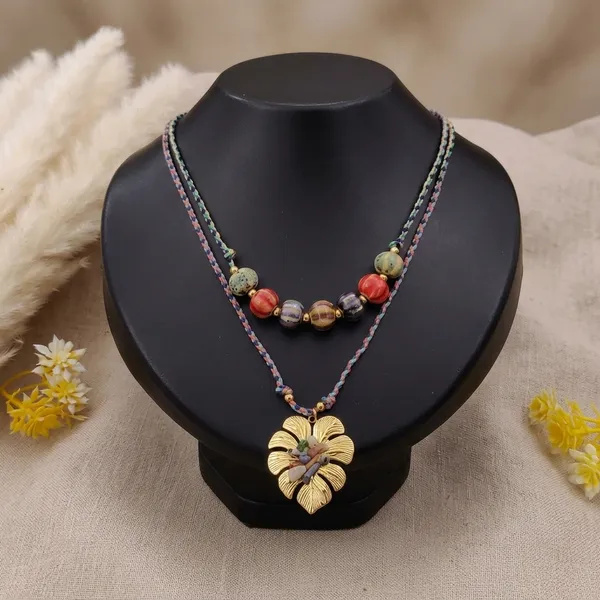 Gold_Alloy_Multi_Strand_Floral_Pendant_Beaded_Necklace_For_Women