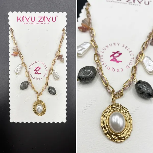 White_Pearl_Gold_Tone_Alloy_Oval_Pendant_Charm_Necklace_For_Women