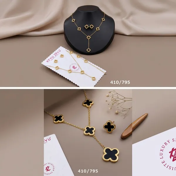 Gold_Tone_Alloy_Four_Petal_Clover_Necklace_And_Earring_Set_For_Women