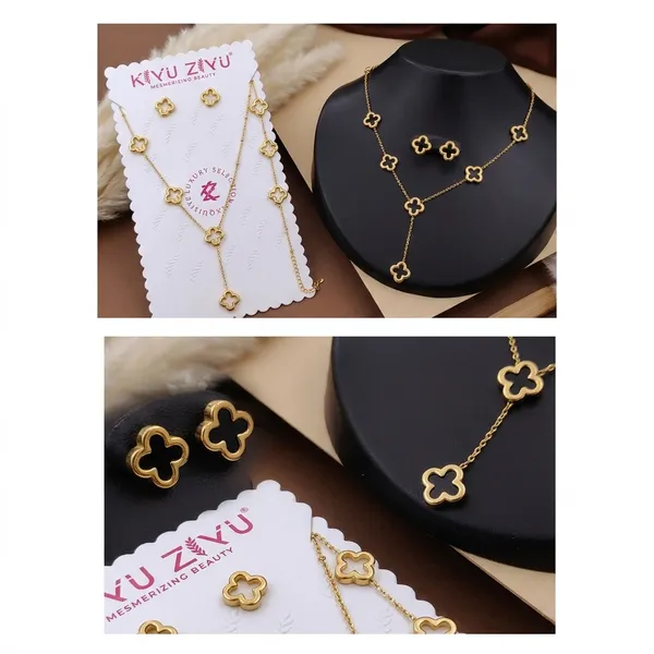 Gold_Tone_Alloy_Four_Petal_Clover_Necklace_And_Earring_Set_For_Women