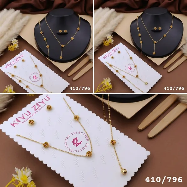 Gold_Tone_Alloy_Rose_Flower_Necklace_And_Earring_Set_For_Women