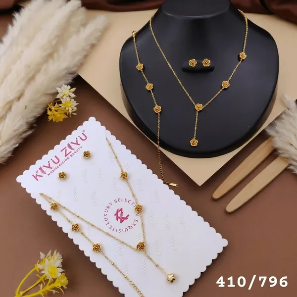 Gold_Tone_Alloy_Rose_Flower_Necklace_And_Earring_Set_For_Women