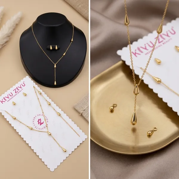 Gold_Tone_Alloy_Teardrop_Necklace_And_Earring_Set_For_Women