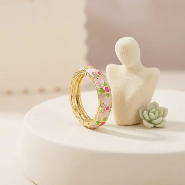 Gold_Alloy_Pink_Green_Floral_Enamel_Ring_For_Women