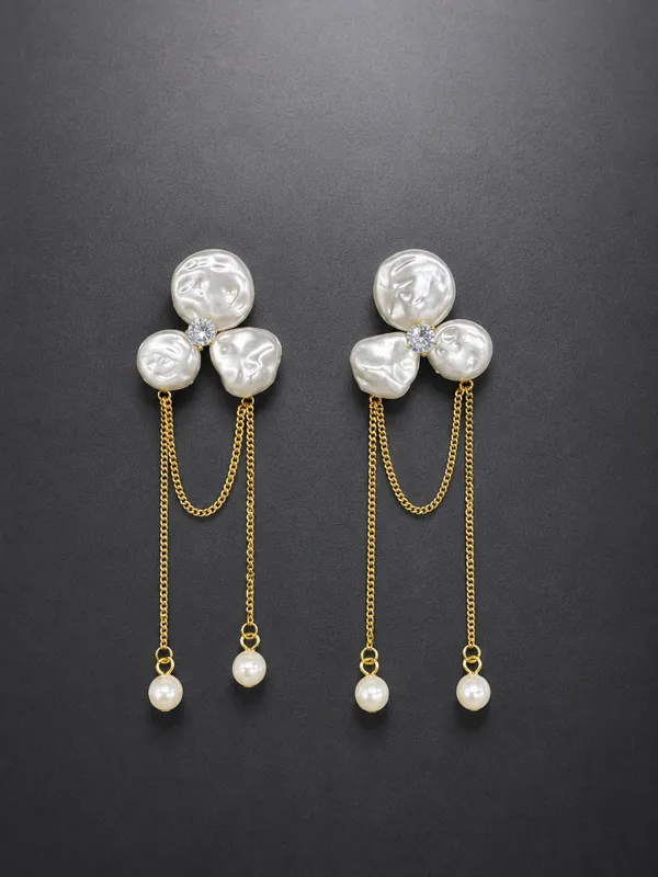 White_Alloy_Pearl_Bow_Chain_Drop_Earrings_For_Women