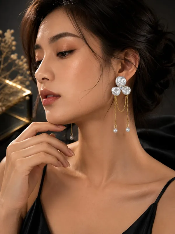 White_Alloy_Pearl_Bow_Chain_Drop_Earrings_For_Women