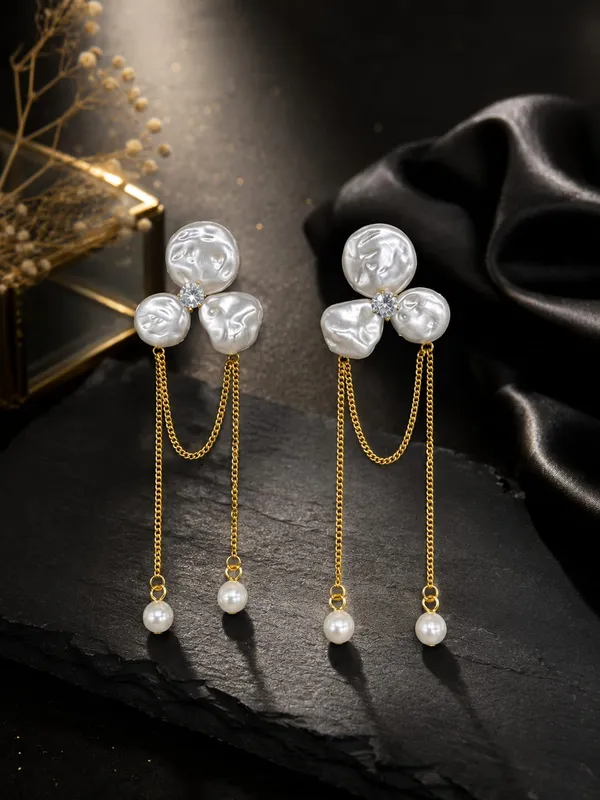 White_Alloy_Pearl_Bow_Chain_Drop_Earrings_For_Women
