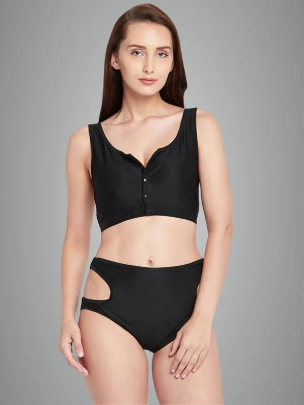 Black_Buttoned_Blouse_Styled_Swim_Top_With_Side_Cut_Out_High_Waist_Bottoms_With_Removable_Cups_For_Women