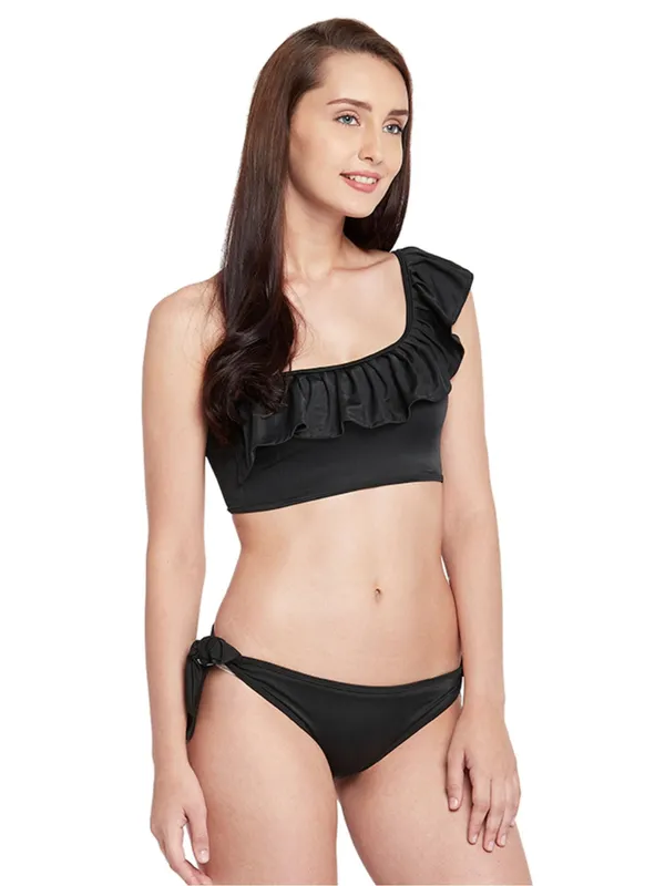 Black_One_Shoulder_Frilly_Swim_Top_With_Side_Knot_Bikini_Bottom_Bikini_With_Removable_Cups_For_Women