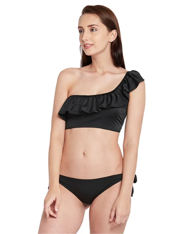 Black_One_Shoulder_Frilly_Swim_Top_With_Side_Knot_Bikini_Bottom_Bikini_With_Removable_Cups_For_Women