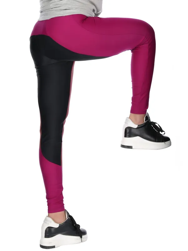 Wine_&_Black_Nylon_Sports_Gym_Leggings_For_Women