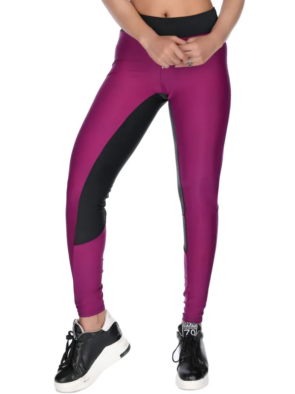 Wine_&_Black_Nylon_Sports_Gym_Leggings_For_Women