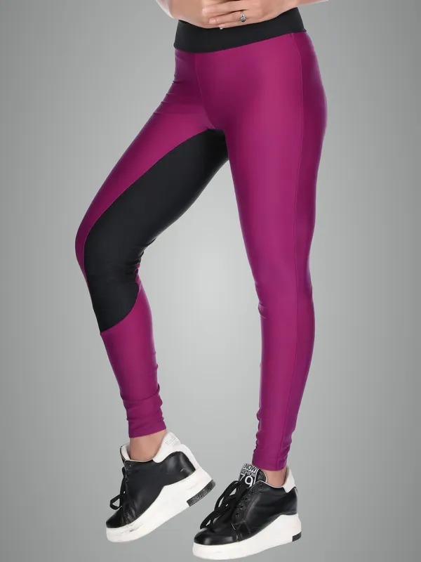 Wine_&_Black_Nylon_Sports_Gym_Leggings_For_Women