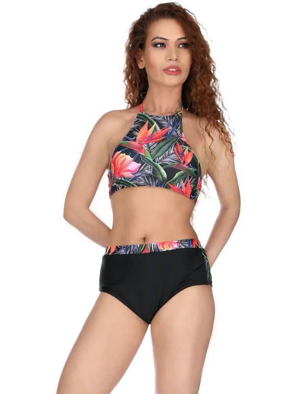 Multicolor_Halter_Neck_Floral_Print_Two_Piece_Swimsuit_With_High_Waist_Shorts_Brief_For_Women