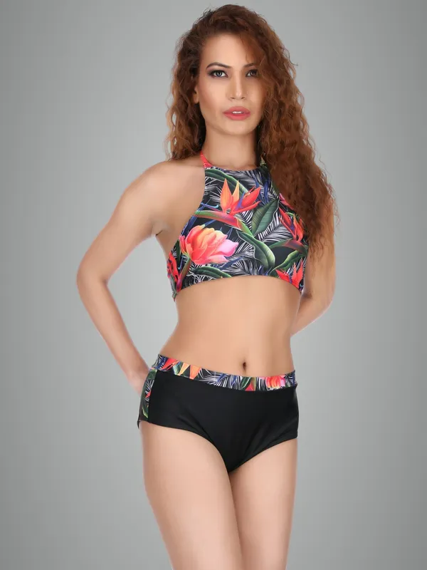 Multicolor_Halter_Neck_Floral_Print_Two_Piece_Swimsuit_With_High_Waist_Shorts_Brief_For_Women