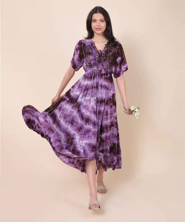 Purple_Elegant_Maxi_Dress_With_Tie-Dye_Pattern,_Featuring_Metallic_Accents_And_A_Tiered_Skirt_Design_For_Women