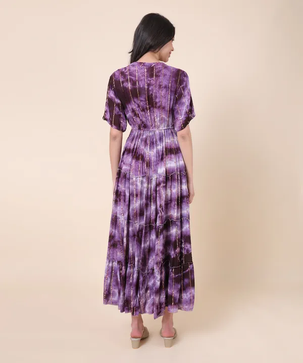 Purple_Elegant_Maxi_Dress_With_Tie-Dye_Pattern,_Featuring_Metallic_Accents_And_A_Tiered_Skirt_Design_For_Women