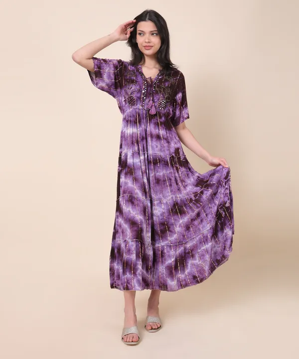 Purple_Elegant_Maxi_Dress_With_Tie-Dye_Pattern,_Featuring_Metallic_Accents_And_A_Tiered_Skirt_Design_For_Women