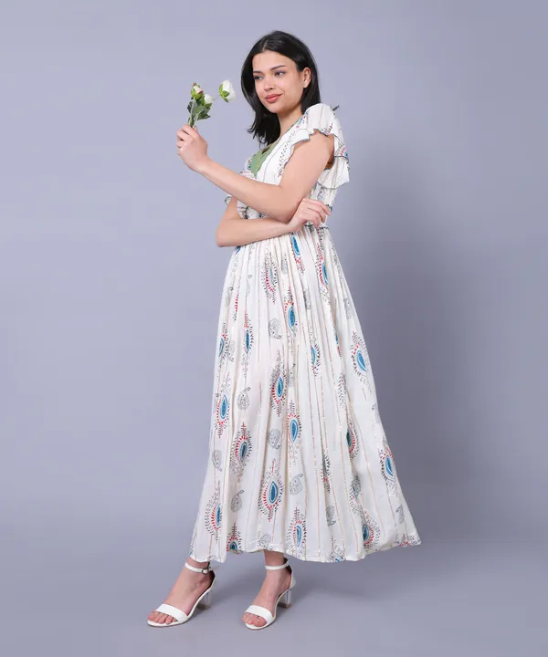 White_&_Blue_Floral_Print_Western_Dress,_V-Neck_Lace_Trim,_Flutter_Sleeves,_Empire_Waist_For_Women