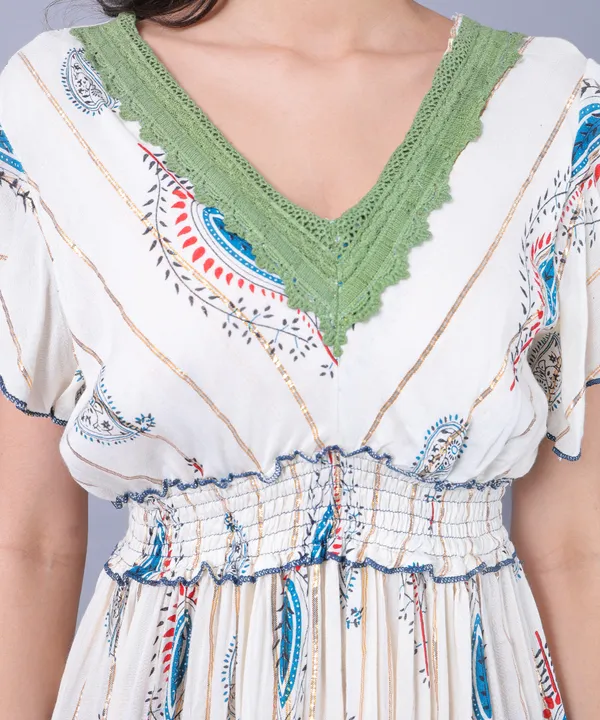 White_&_Blue_Floral_Print_Western_Dress,_V-Neck_Lace_Trim,_Flutter_Sleeves,_Empire_Waist_For_Women