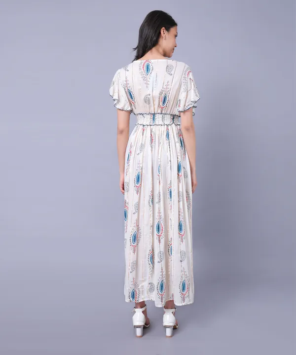 White_&_Blue_Floral_Print_Western_Dress,_V-Neck_Lace_Trim,_Flutter_Sleeves,_Empire_Waist_For_Women