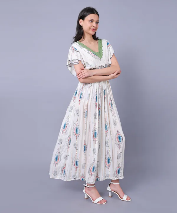 White_&_Blue_Floral_Print_Western_Dress,_V-Neck_Lace_Trim,_Flutter_Sleeves,_Empire_Waist_For_Women