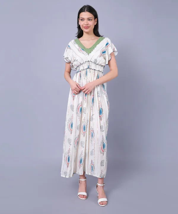 White_&_Blue_Floral_Print_Western_Dress,_V-Neck_Lace_Trim,_Flutter_Sleeves,_Empire_Waist_For_Women
